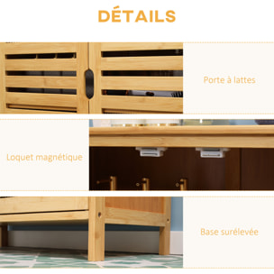 Meuble salle de bain bois bambou 2 portes 2 étagères dim. 60 x 30 x 120 cm naturel