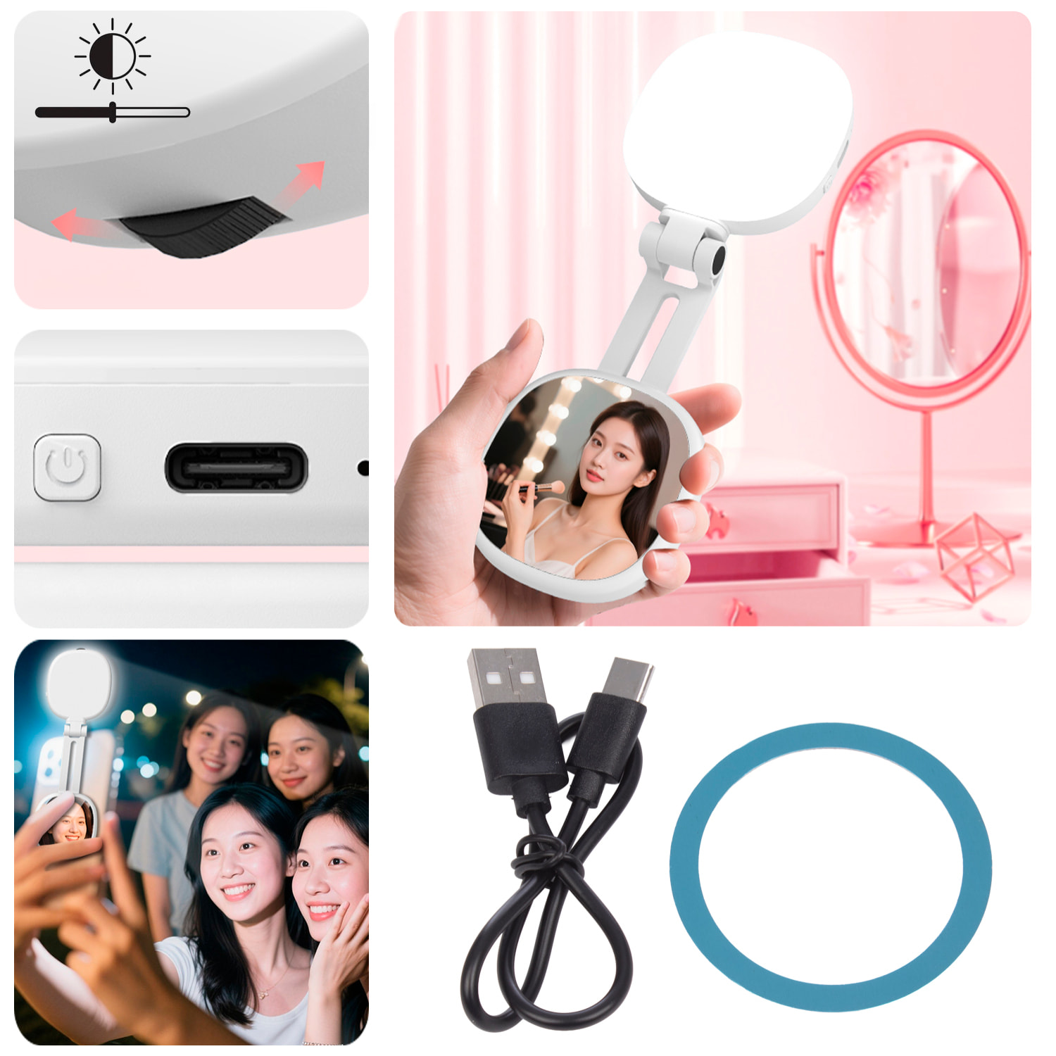 Lámpara de iluminación suplementaria para selfies con espejo, 3 tipos de luz, regulación de brillo y batería recargable.