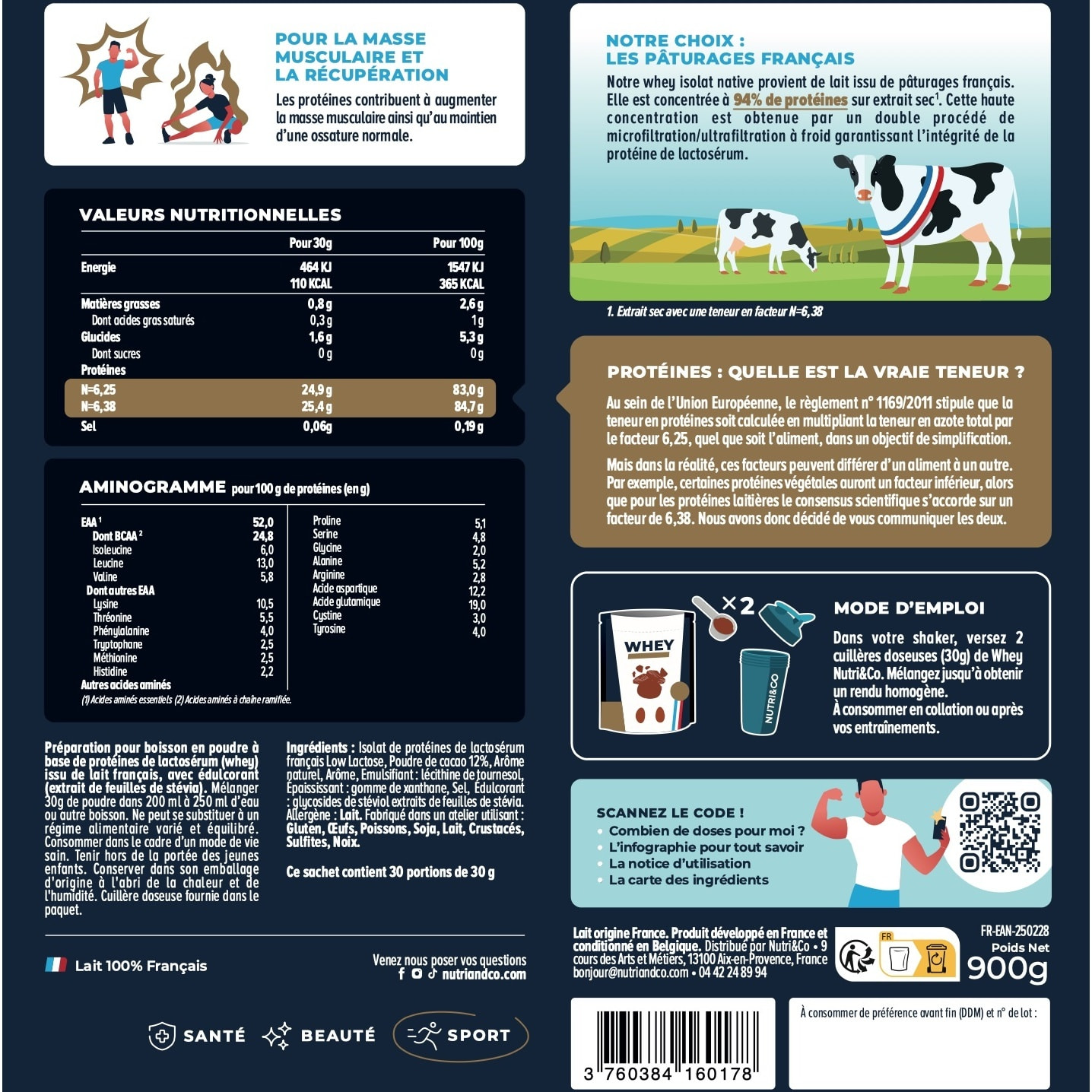 Nutri&Co Protéines Whey Isolat Native 94% en poudre - 900gr Goût Chocolat