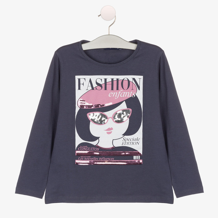 Camiseta de Niña de Manga Larga en Gris Marengo