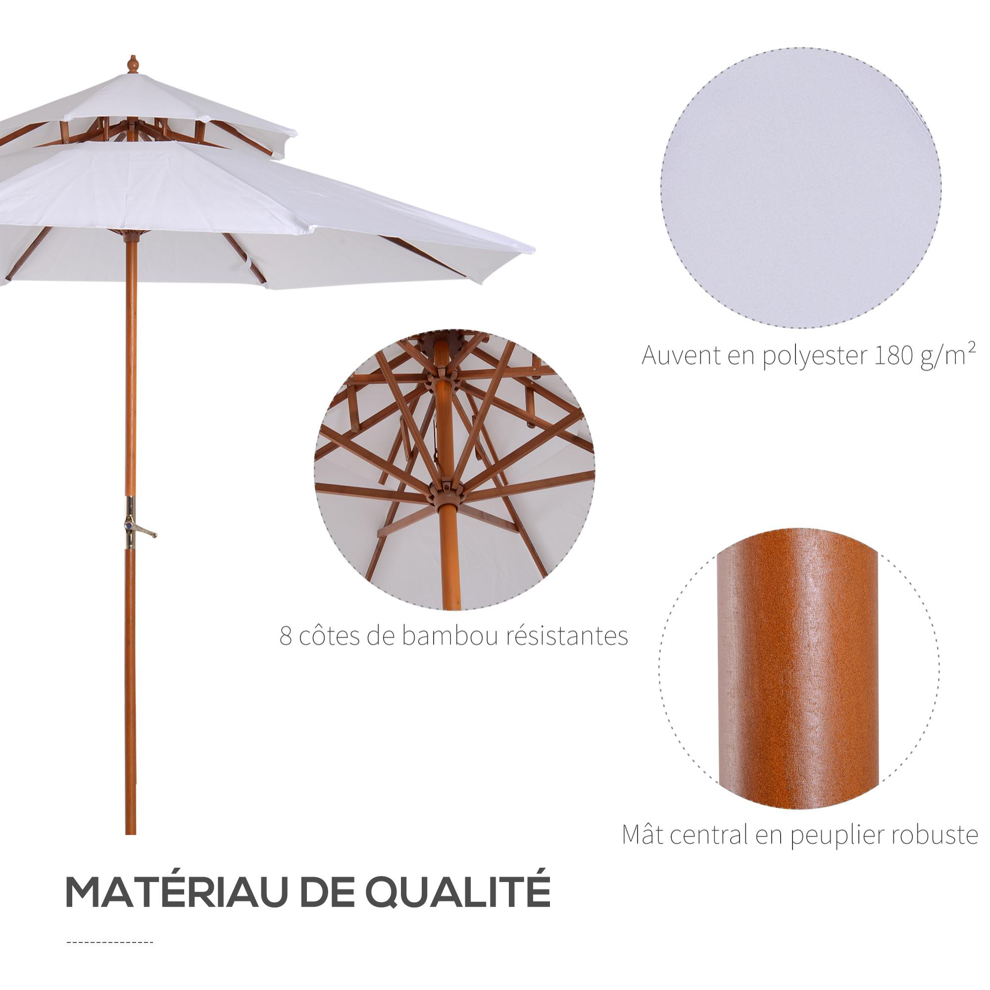 Parasol en bois peuplier droit 2 toits polyester 180 g/m² dia. 2,65 x 2,64H m blanc