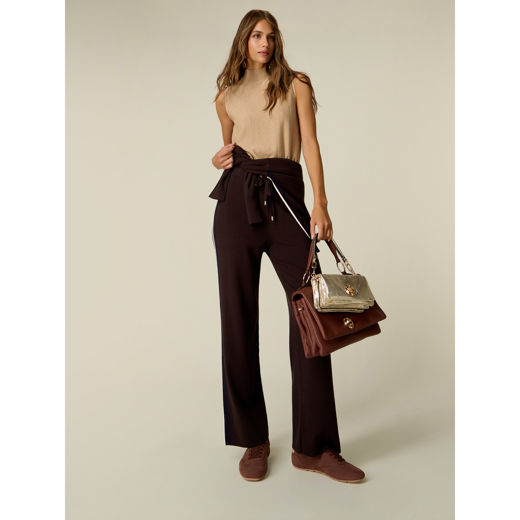 Oltre - Pantaloni palazzo in maglia - Marrone