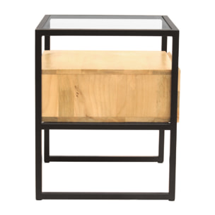 Table de chevet avec tiroir en bois manguier massif, verre et métal noir DIYA