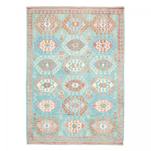 Tapis kilim géométrique, tissé à plat, en laine naturelle