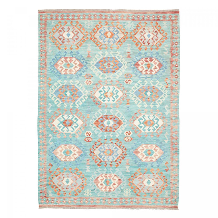 Tapis kilim géométrique, tissé à plat, en laine naturelle