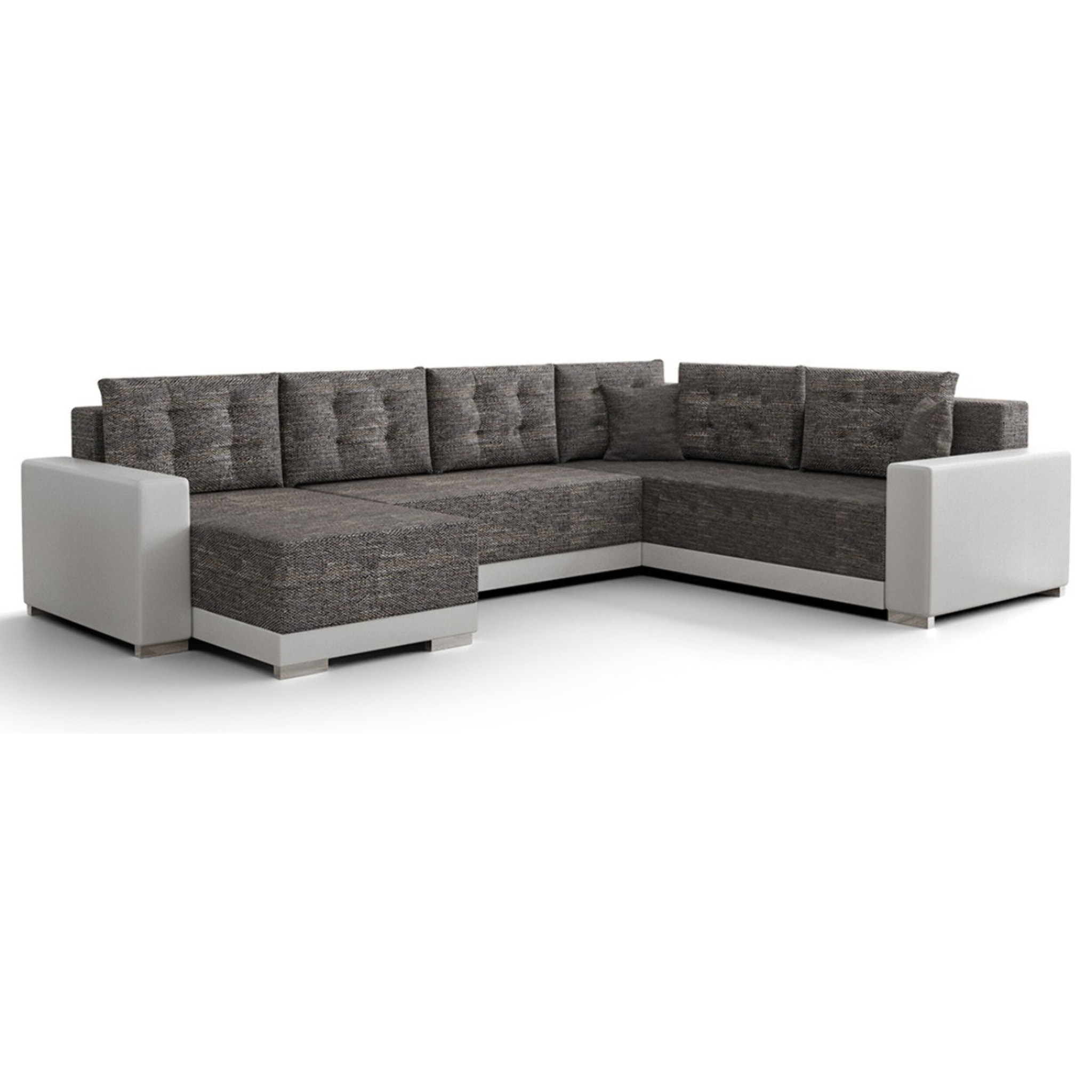Roger - Canapé panoramique d'angle réversible 7 places convertible avec coffre en tissu - Gris / Blanc