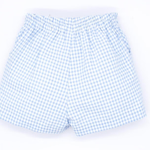 Bermuda vichy azul. Con bolsillos, botón y dibujo de la bragueta.