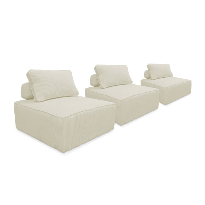 Lot de 3 chauffeuses pour canapé modulables velours côtelé crème avec un coussin