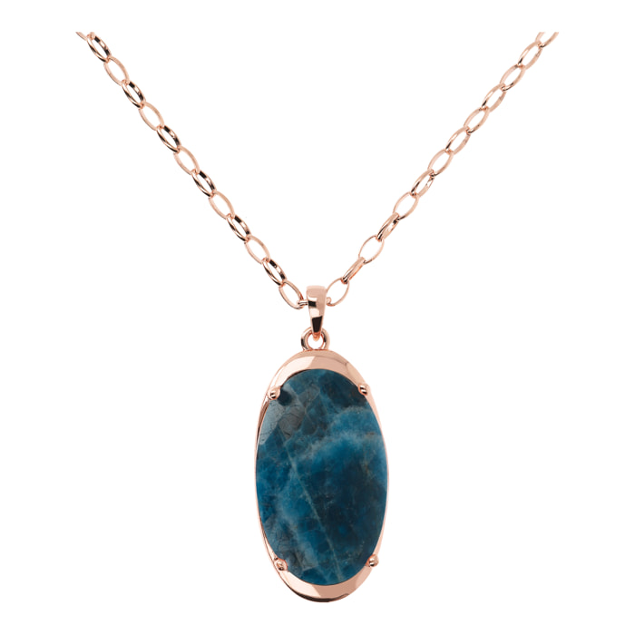 Collana Lunga Catena Rolo con Pendente in Pietra Naturale Ovale Apatite Blu