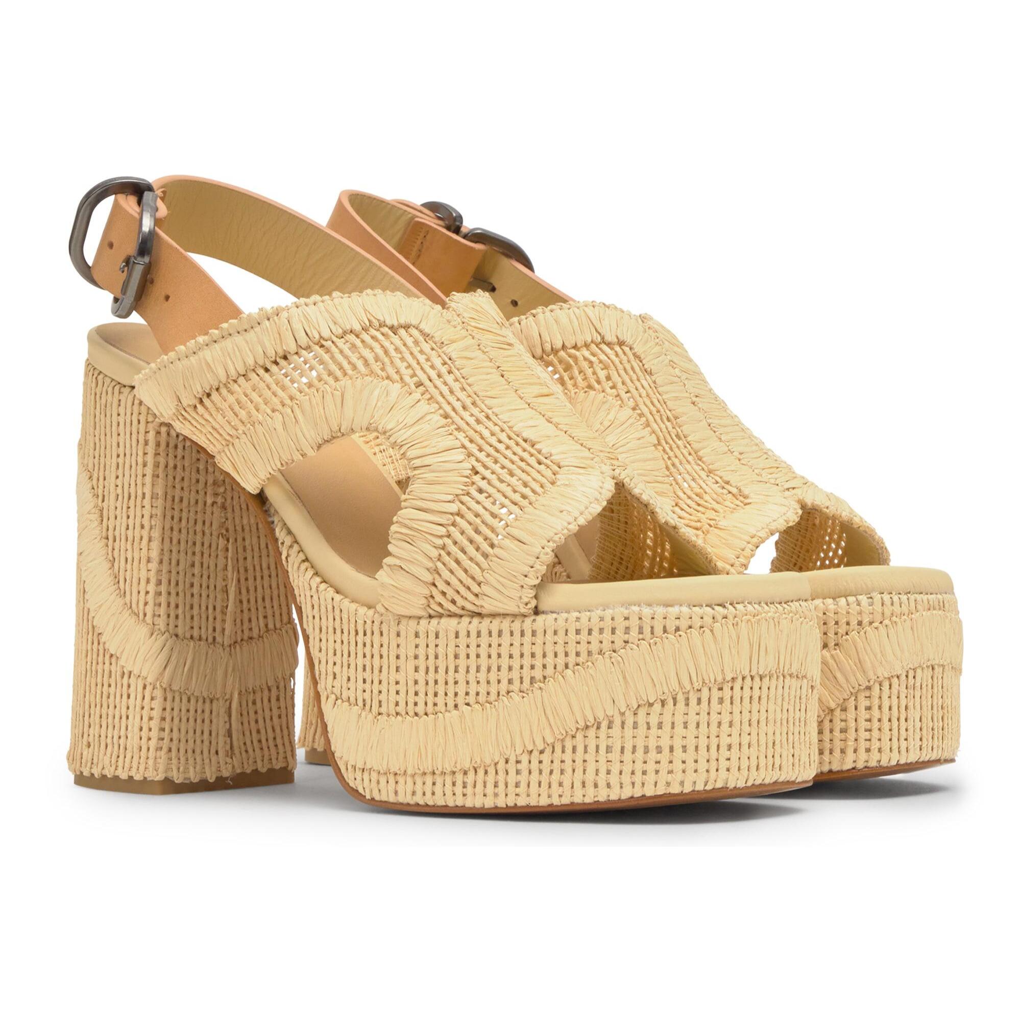 Sandalia destalonada Francina tacón forrado en rafia natural bordada con hebilla