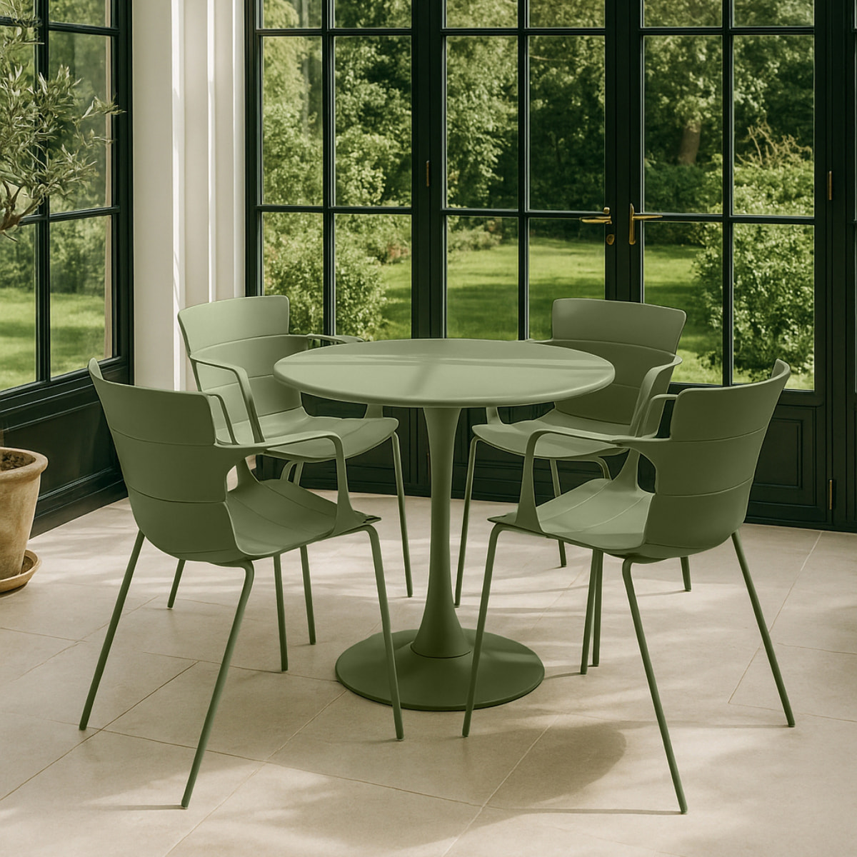 Lot de 4 fauteuils de table en polypropylène et métal vert MONTAUK