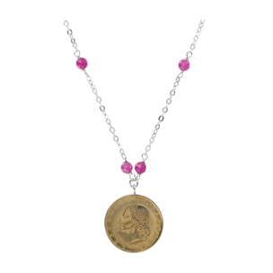 Collana Catena Rolo con Quarzite Fucsia e Pendente Moneta 20Lire