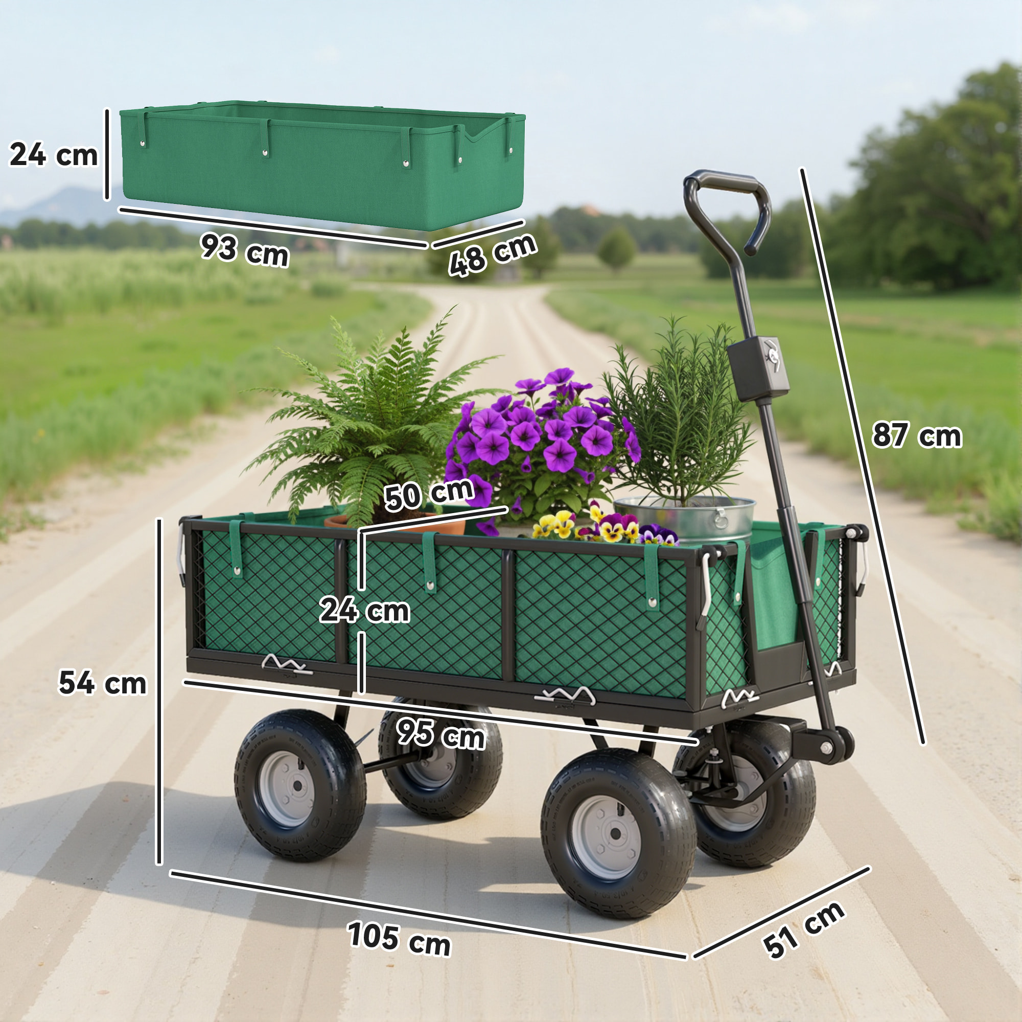 Carrito de Jardín con Ruedas Grandes, Carga 300 kg, Carro de Mano con Asa Ajustable y Bolsa Impermeable Removible, Carrito de Transporte para Todo Terreno, Compra, Camping, Verde
