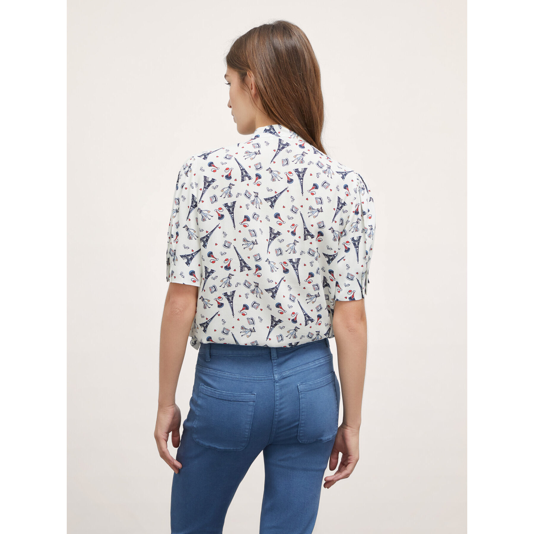 Motivi - Blusa con lazo estampado Paris - Blanco