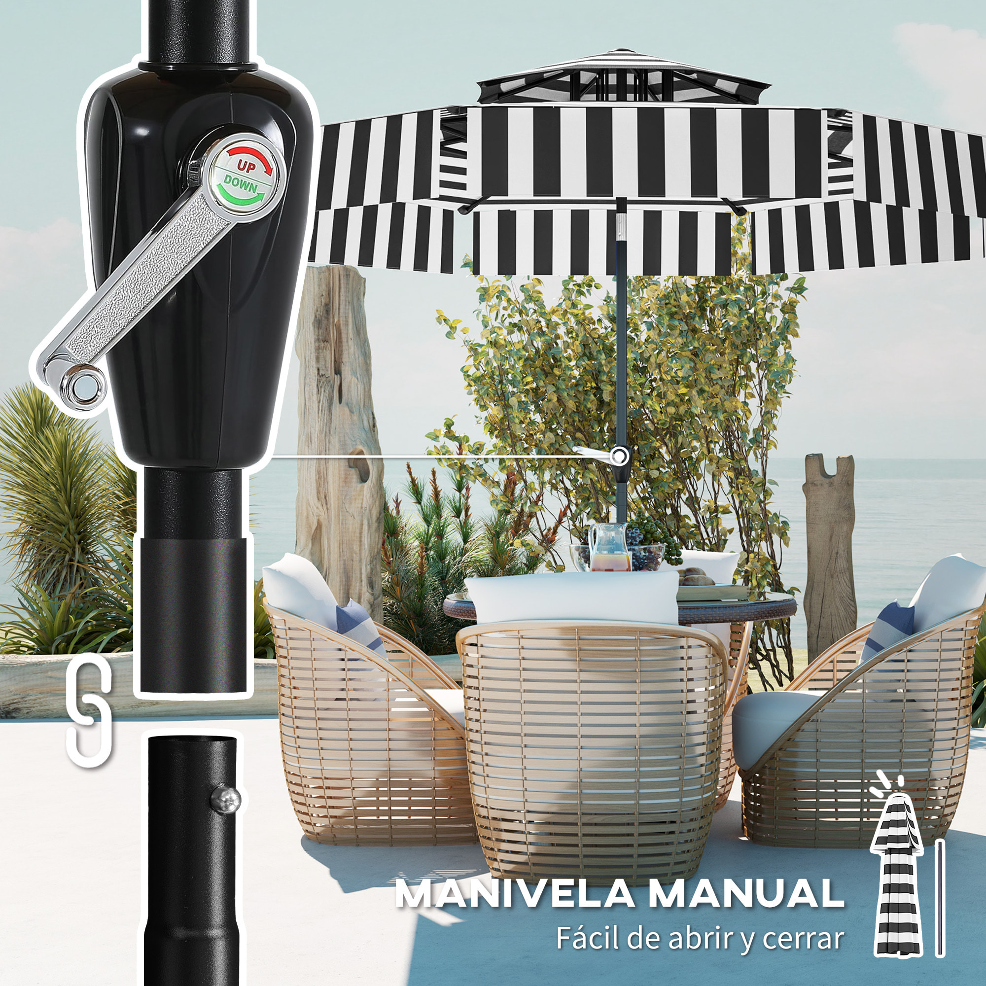 Sombrilla Terraza Exterior Ø263 cm Sombrilla de Jardín con Ángulo Ajustable y Manivela Protección UV30+ Parasol para Patio Terraza Negro y Blanco