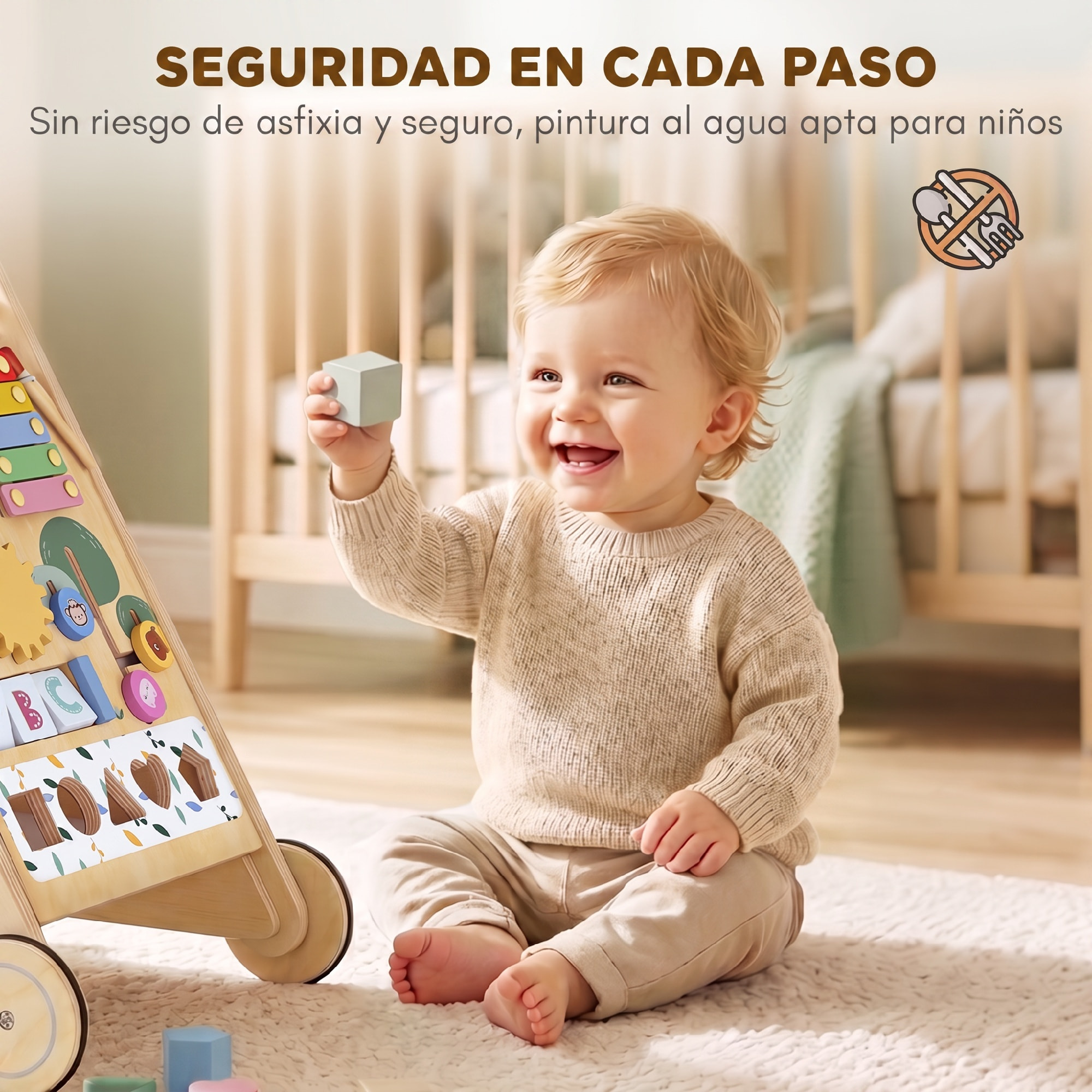 Andador Madera Bebé, Caminador Bebé con Juguetes Montessori, Centro de Actividades, Control de Velocidad, con 5 Bloques, Ruedas, Regalo para Niños de +18 Meses y Altura +75 cm Natural