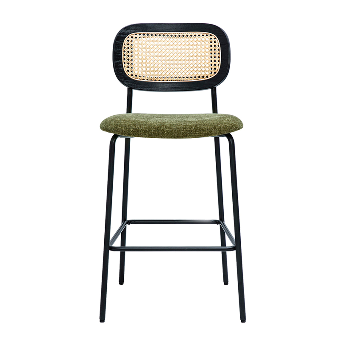 Tabourets design en tissu effet velours texturé vert kaki, métal noir et cannage rotin (lot de 2) MIRANDA