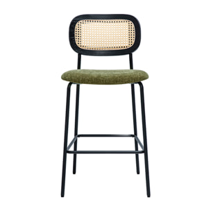 Tabourets design en tissu effet velours texturé vert kaki, métal noir et cannage rotin (lot de 2) MIRANDA