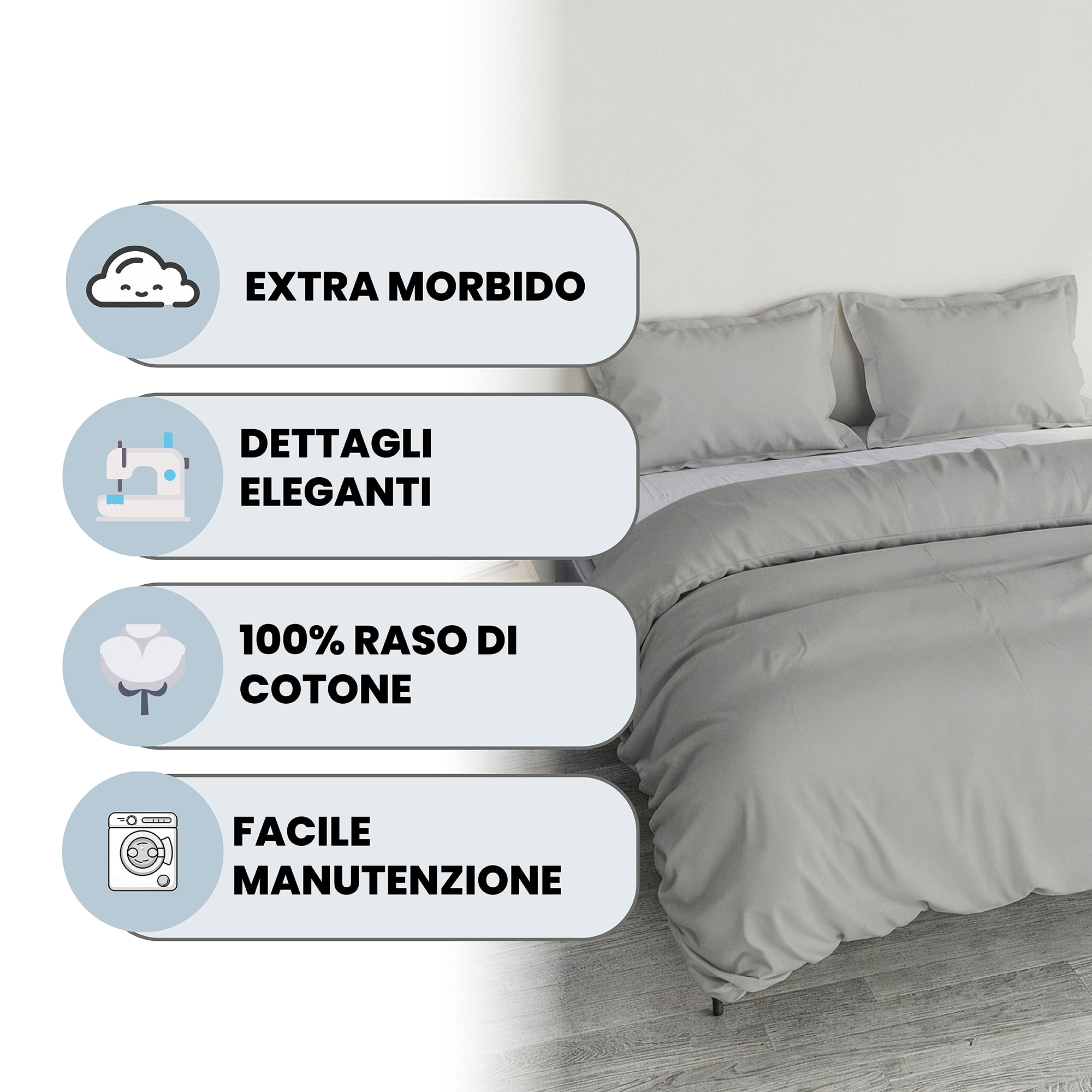 PARURE COPRIPIUMINO RASO CLOE, 100% Raso di Cotone, Made in Italy - GRIGIO CHIARO
