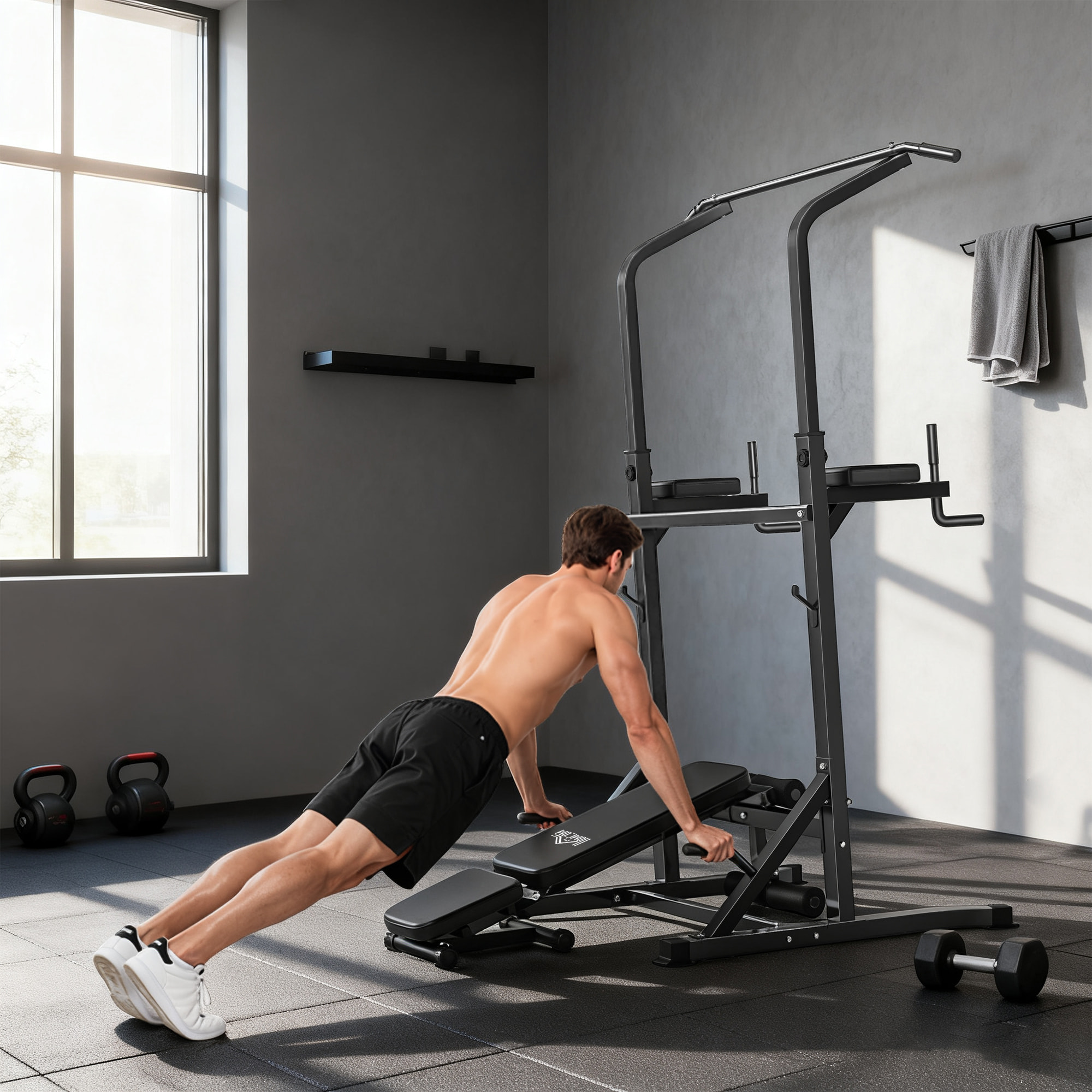 HOMCOM Estación de Musculación Torre de Entrenamiento Altura Ajustable con Barra de Dominadas y Banco Plegable para Fitness en Casa Gimnasio Carga 150 kg 99x178x230 cm Negro