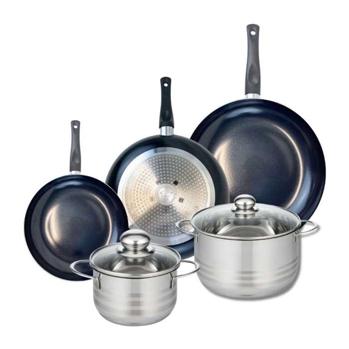 Ensemble de 3 Poêles de cuisson 20, 24 et 28 cm et 2 faitouts 16 et 20 cm Elo Prima Brillant