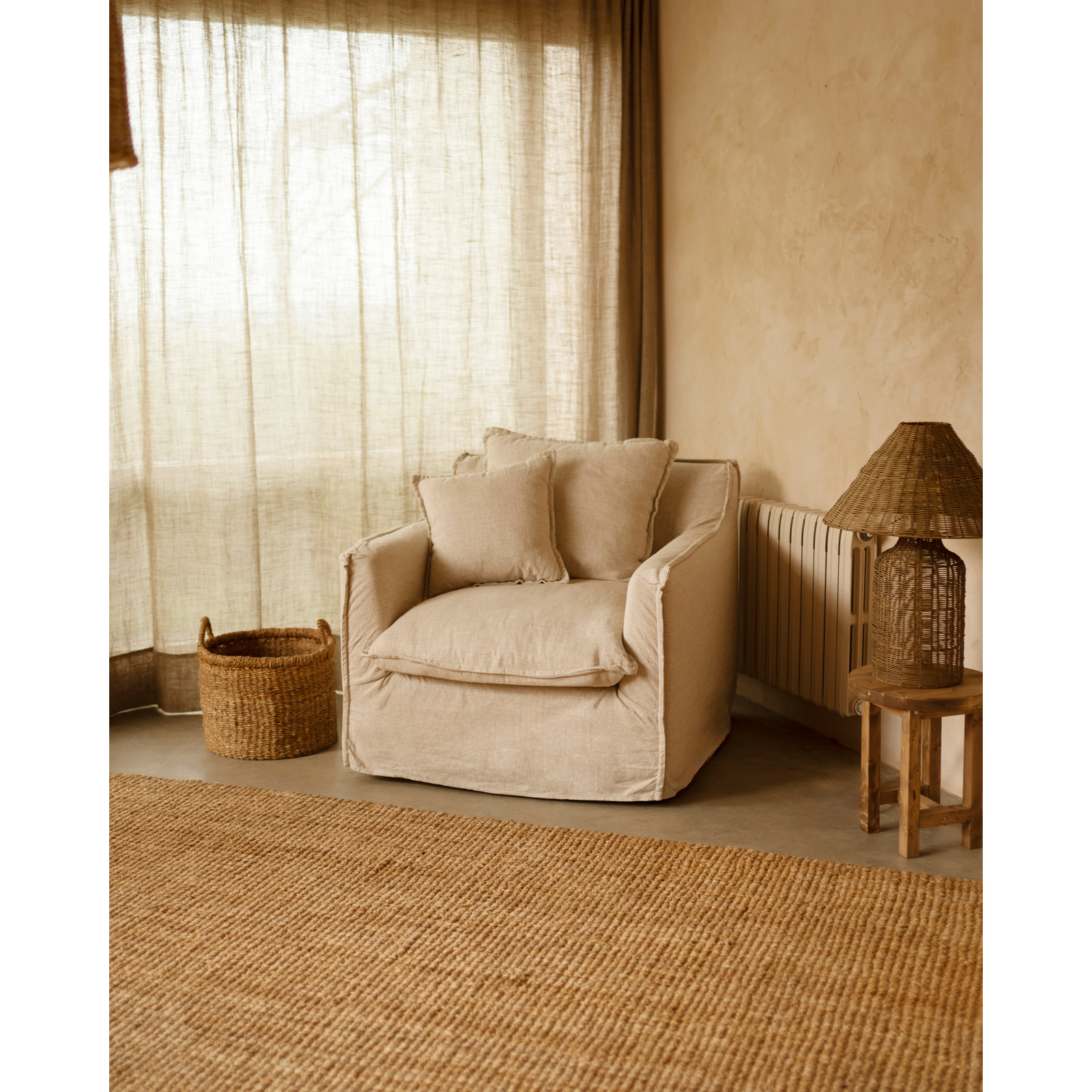 Fauteuil en coton et lin déhoussable ton beige de 98x90cm Hauteur: 81 Longueur: 98 Largeur: 90