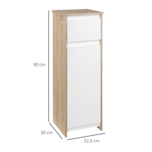 Meuble colonne bas salle de bain style cosy dim. 32L x 30l x 90H cm porte étagère tiroir MDF blanc aspect chêne clair