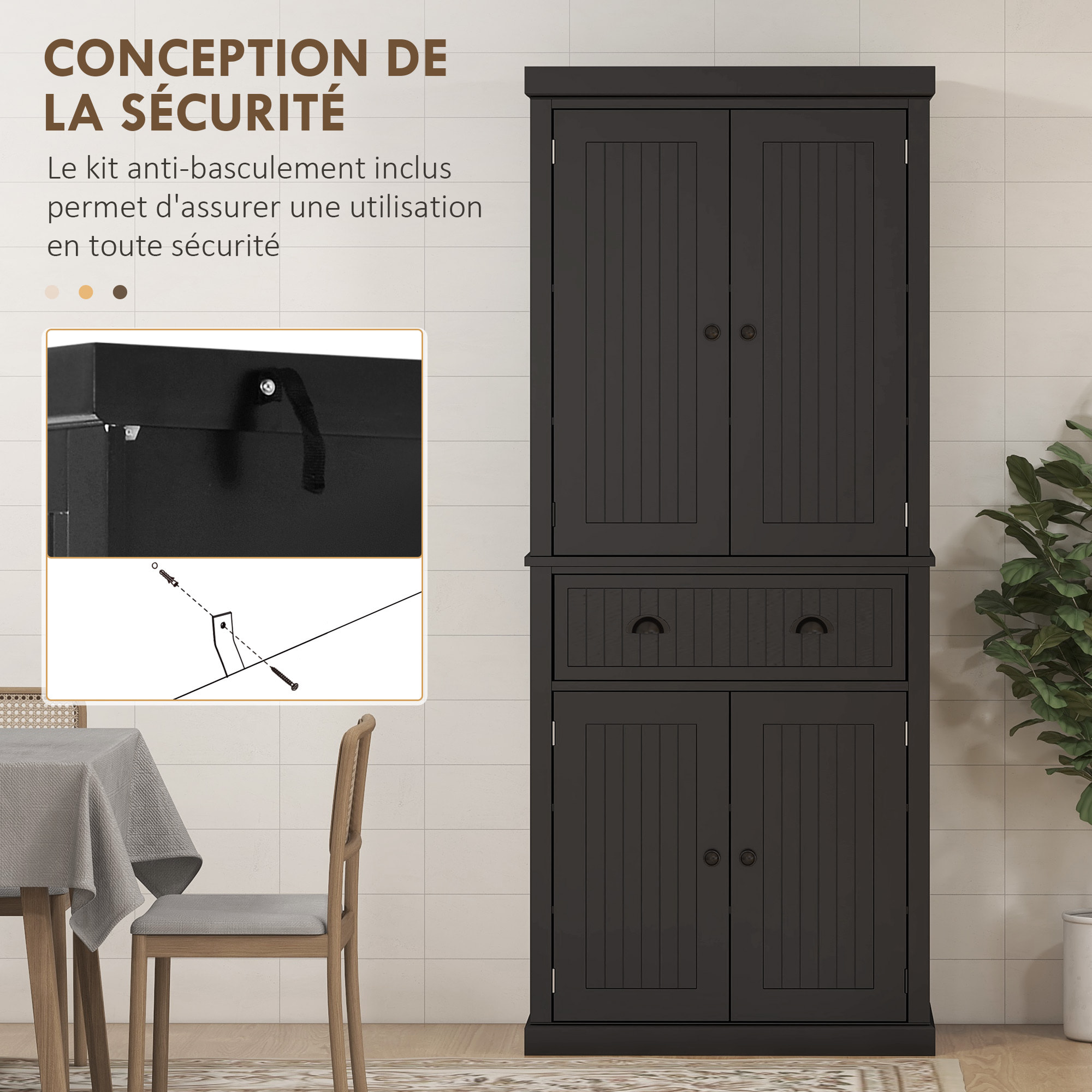 Buffet haut multi-rangement - 4 portes, grand tiroir - dim. 76L x 40l x 183H cm - panneaux MDF noir
