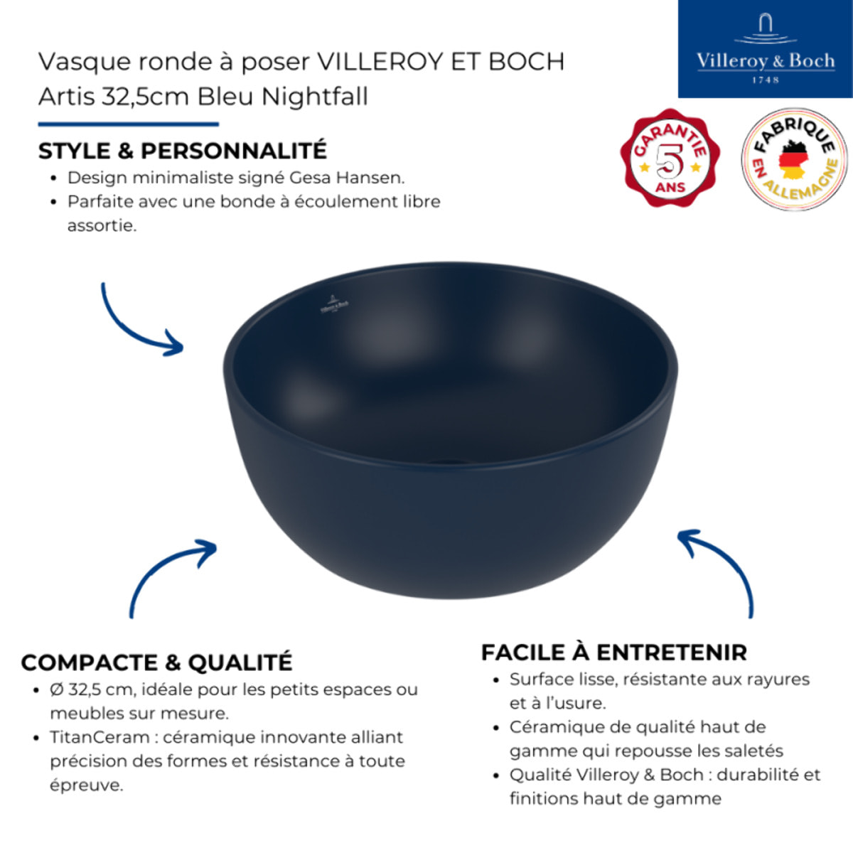 Vasque ronde à poser Artis 32,5cm Bleu Nightfall