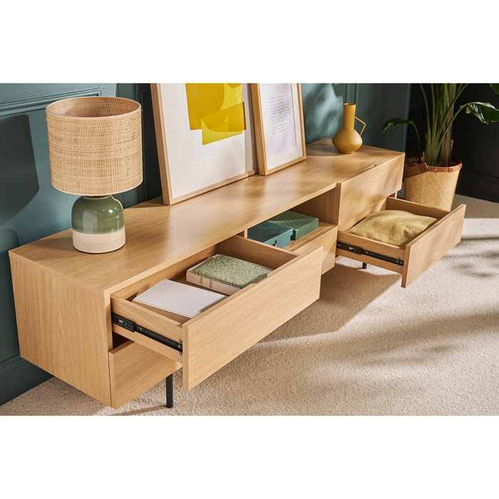 Meuble TV design avec rangements finition bois clair chêne et métal noir L180 cm ALASKA