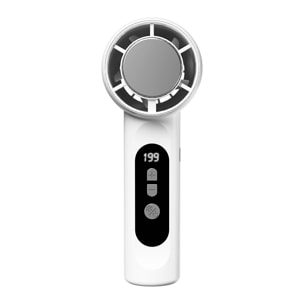 Mini ventilador de mano recargable con 5 velocidades principales y panel refrigerador.