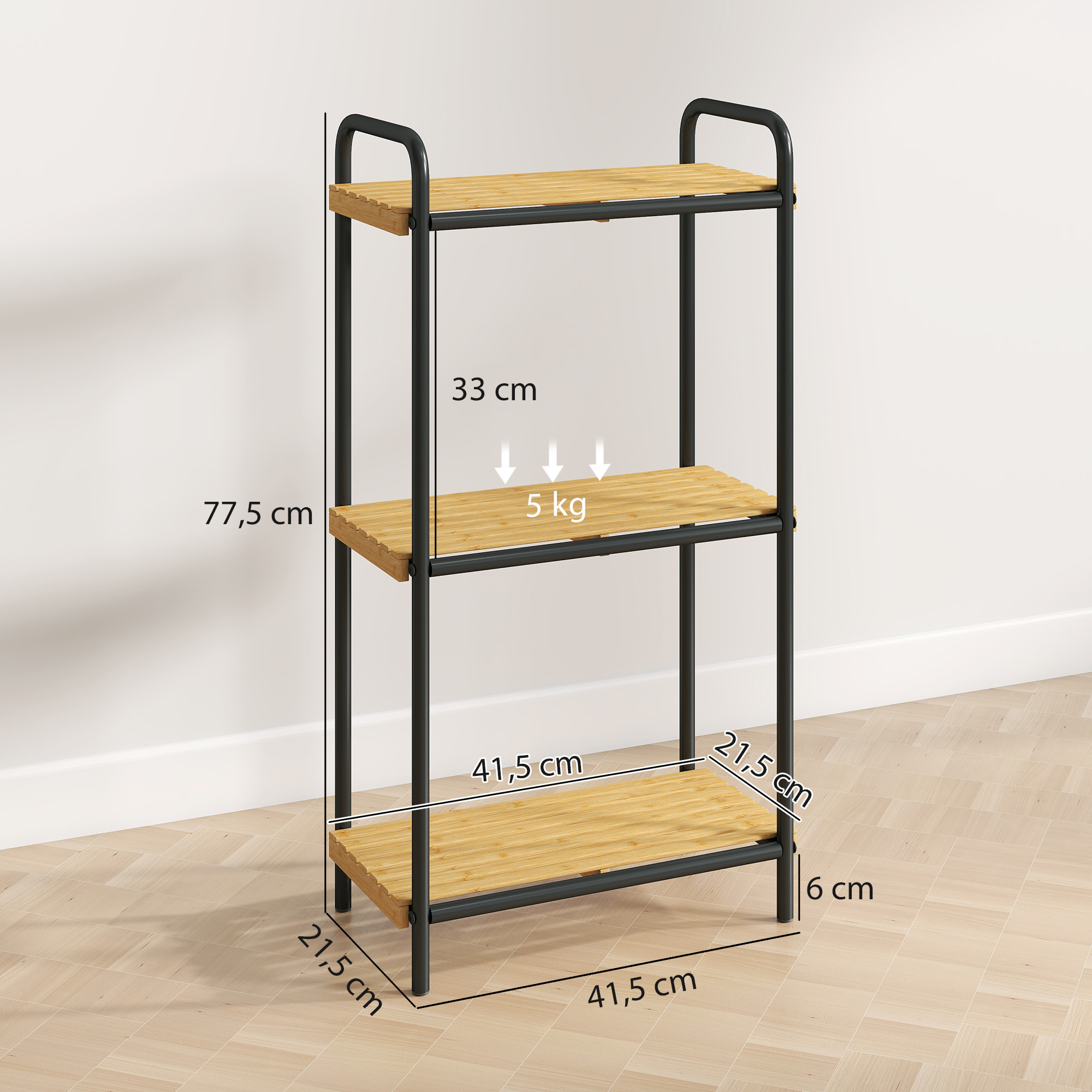 Étagère salle de bain bambou, 3 niveaux, étagère de rangement étroite autoportante cadre en acier pour salon, salle à manger, balcon, cuisine, 41,5 x 21,5 x 77,5 cm, noir et effet bois naturel