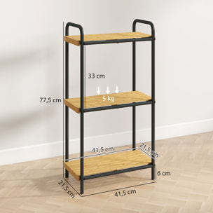 Étagère salle de bain bambou, 3 niveaux, étagère de rangement étroite autoportante cadre en acier pour salon, salle à manger, balcon, cuisine, 41,5 x 21,5 x 77,5 cm, noir et effet bois naturel