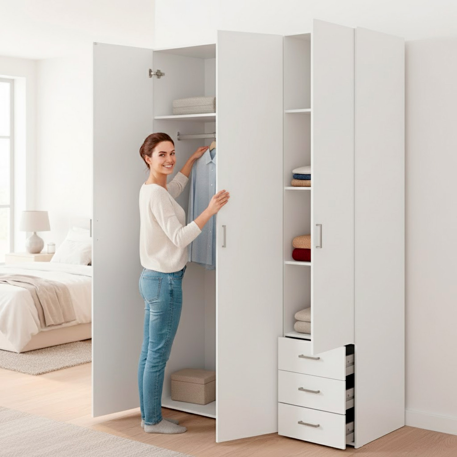 Armadio Con 3 Ante E 3 Cassetti Multiuso Per Abiti Indumenti Design Moderno Capiente Vano Appendiabiti Ripiani Interni 115.8 x 49.5 x 200.4 Cm Bianco