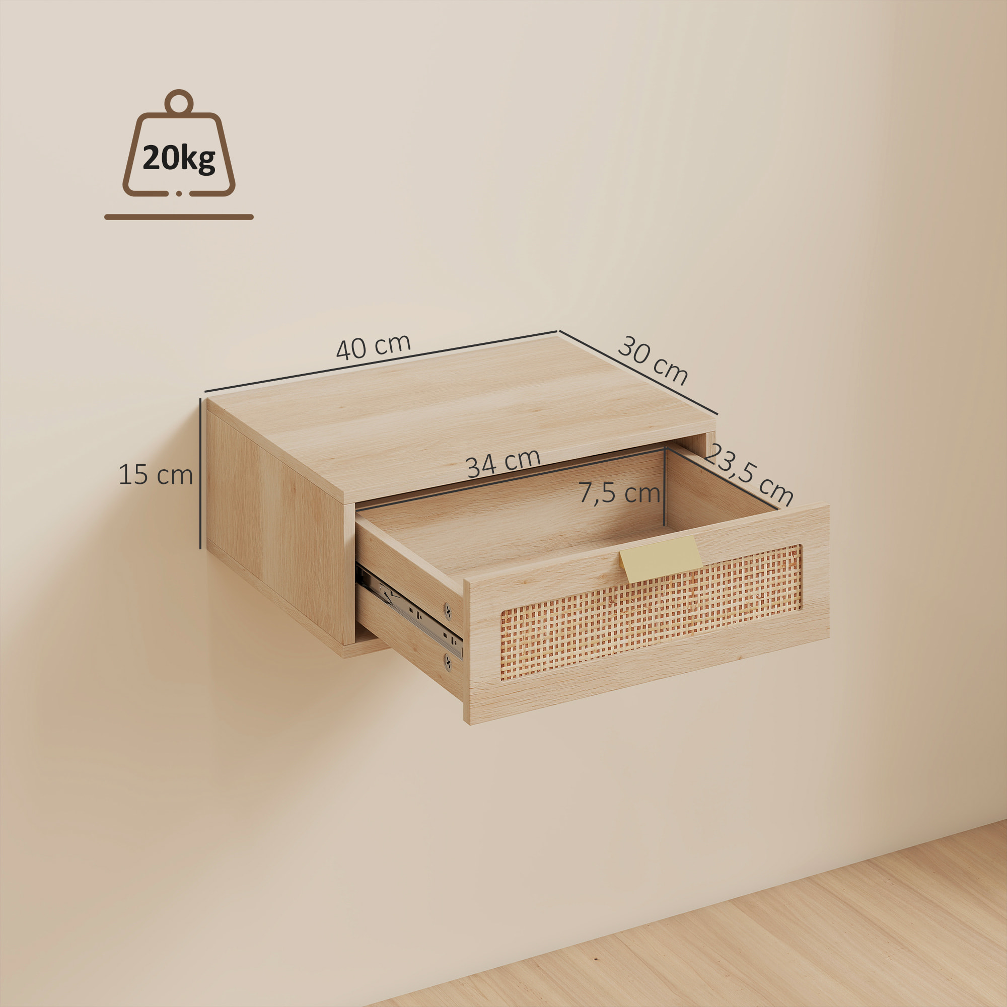 Juego de 2 Mesitas de Noche Flotantes, Mesillas de Noche Dormitorio con Cajón de Ratán, Ahorra Espacio, Diseño Moderno, para Sala de Estar, 40x30x15 cm, Roble