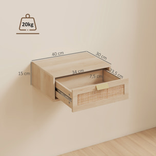 Juego de 2 Mesitas de Noche Flotantes, Mesillas de Noche Dormitorio con Cajón de Ratán, Ahorra Espacio, Diseño Moderno, para Sala de Estar, 40x30x15 cm, Roble