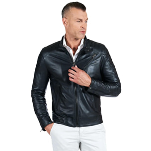 Giacca moto in pelle nera biker trapuntato spalle effetto liscio