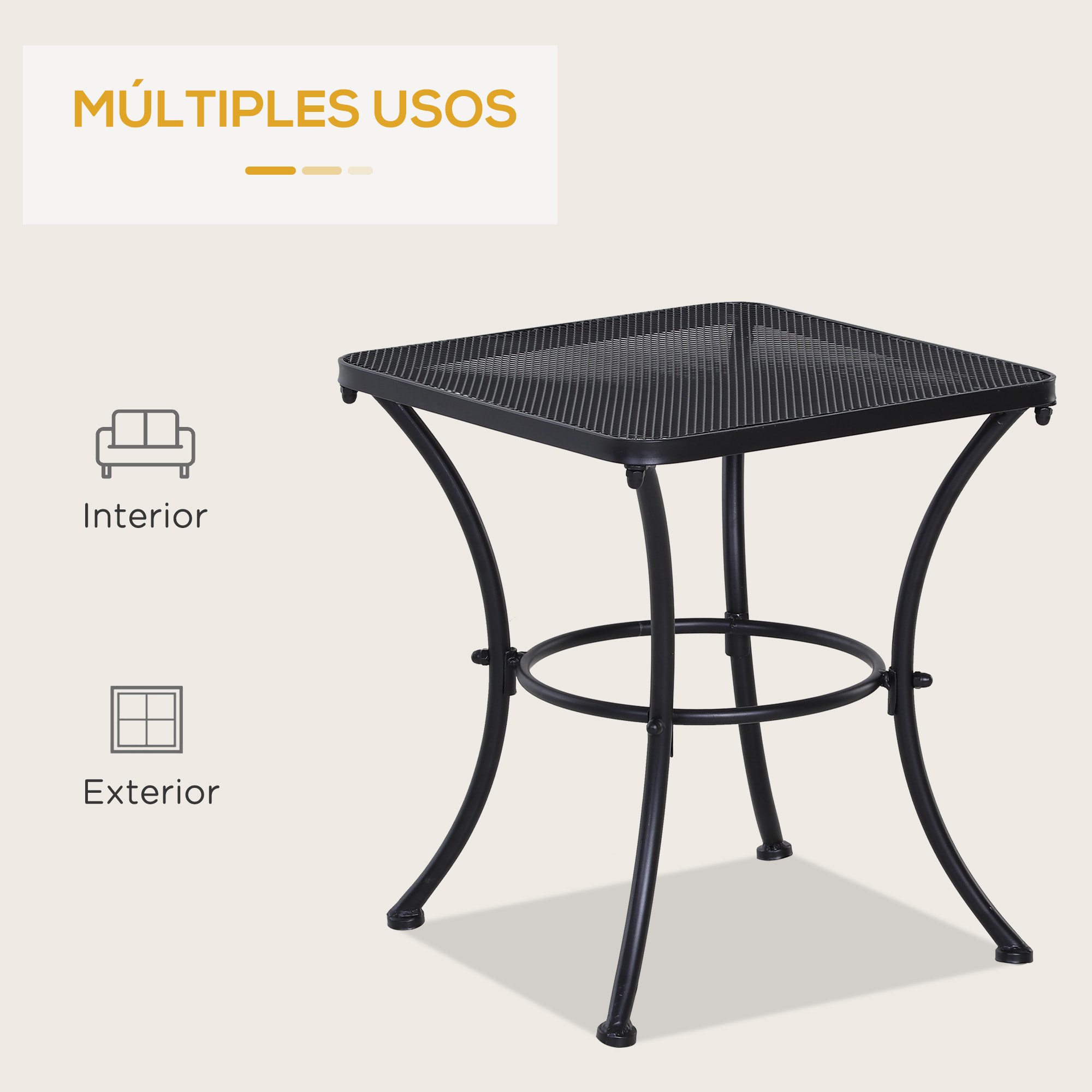 Mesa de Jardín Cuadrada Mesa Auxiliar Exterior con Estructura de Metal para Patio Terraza Balcón Carga 30 kg 45x45x50 cm Negro