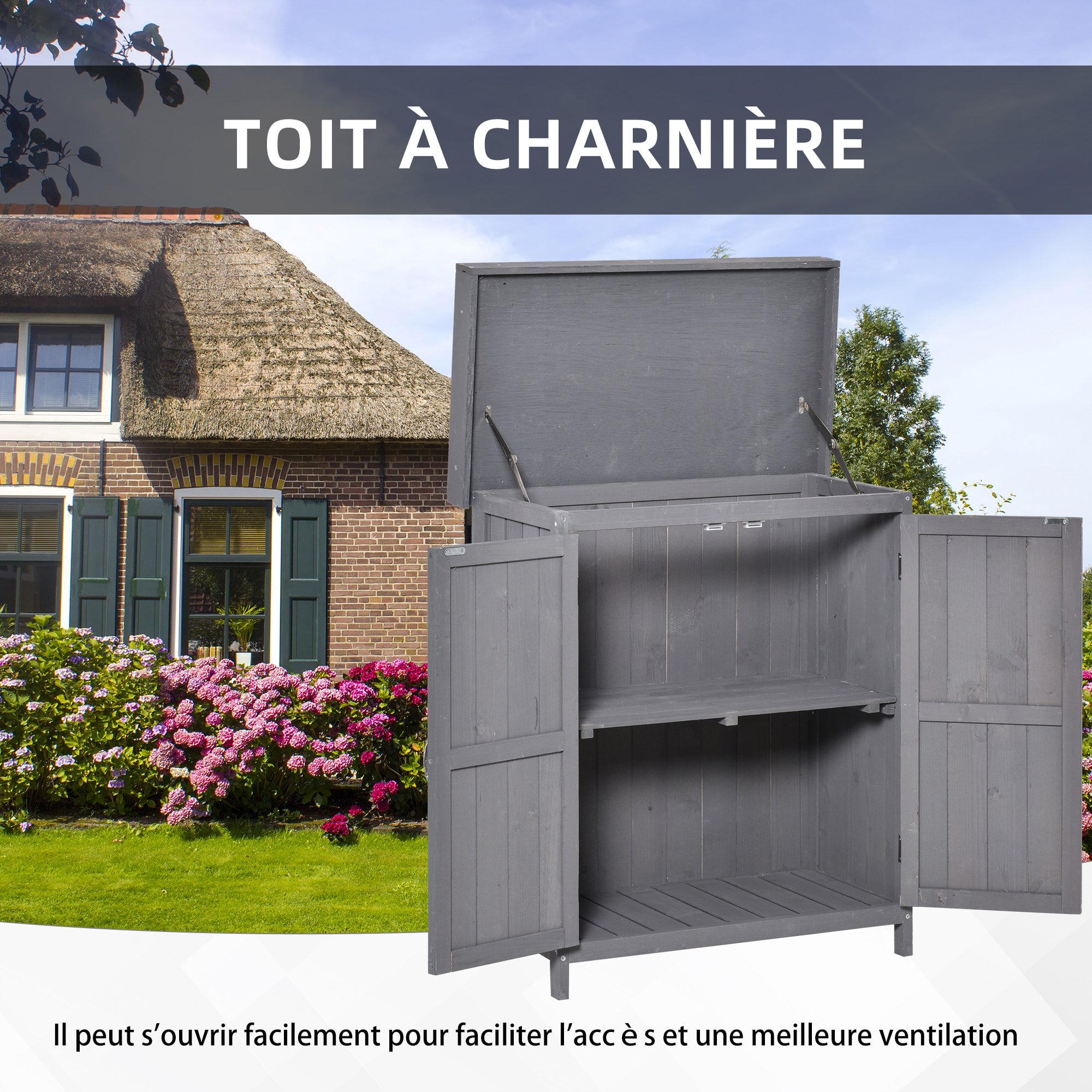 Armoire de jardin sur pied double porte étagère et toit bitumé relevable dim. 74L x 43l x 88H cm bois sapin gris