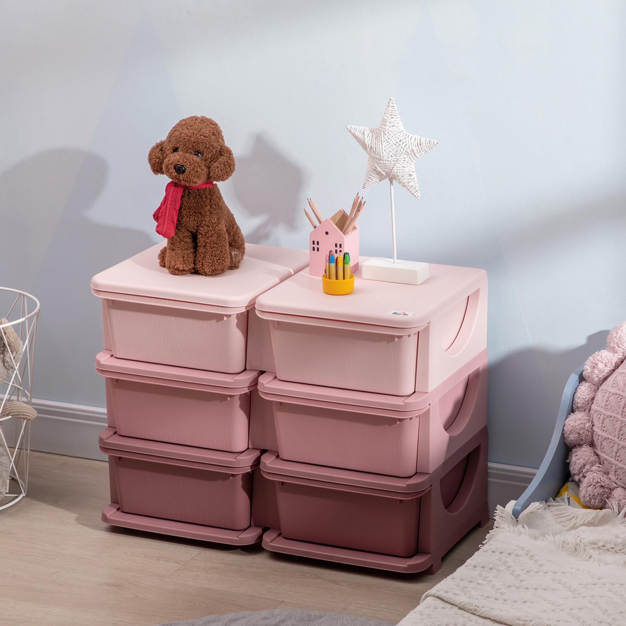 Organisateur de jouets enfant 6 tiroirs 3 niveaux rose