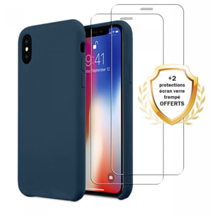 Coque iPhone X/XS Silicone liquide Bleu Marine + 2 Vitres en Verre trempé Protection écran Antichocs