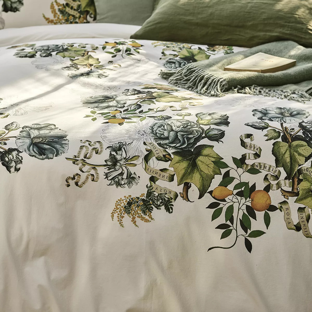 Housse de couette percale de coton lavé imprimé vert ecru Giardino naturel