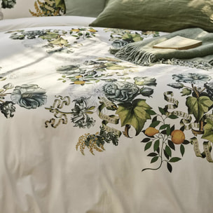 Housse de couette percale de coton lavé imprimé vert ecru Giardino naturel