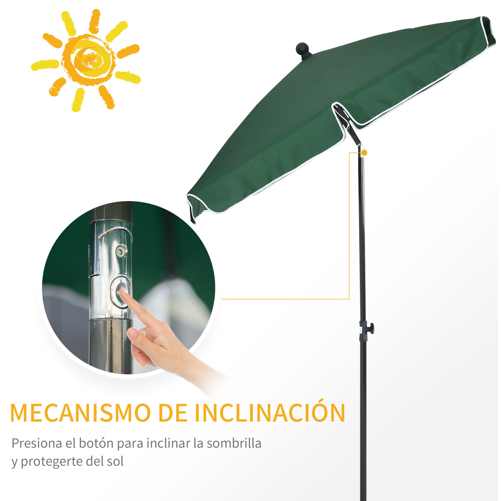Sombrilla Rectangular de Jardín 198x130x240 cm Parasol de Aluminio con Función de Inclinación para Terraza Patio Exterior Verde