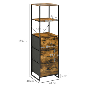 Meuble colonne design industriel - 3 tiroirs, 3 étagères - châssis acier noir MDF aspect bois avec veinage