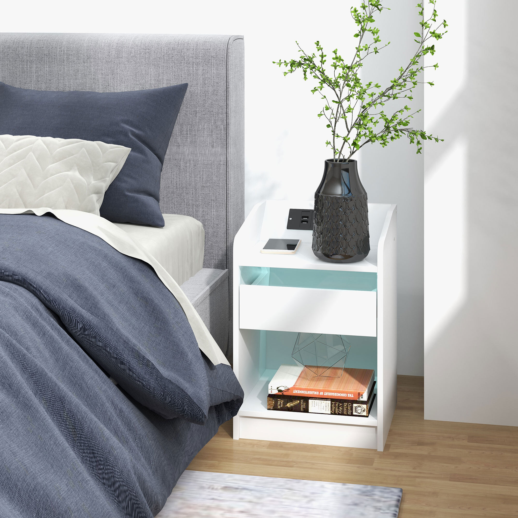 Mesita de Noche Mesilla de Noche con Luces LED Mesa de Noche con Cajón Estante Estación de Carga Puertos USB y Control Remoto 40x40x58 cm Blanco