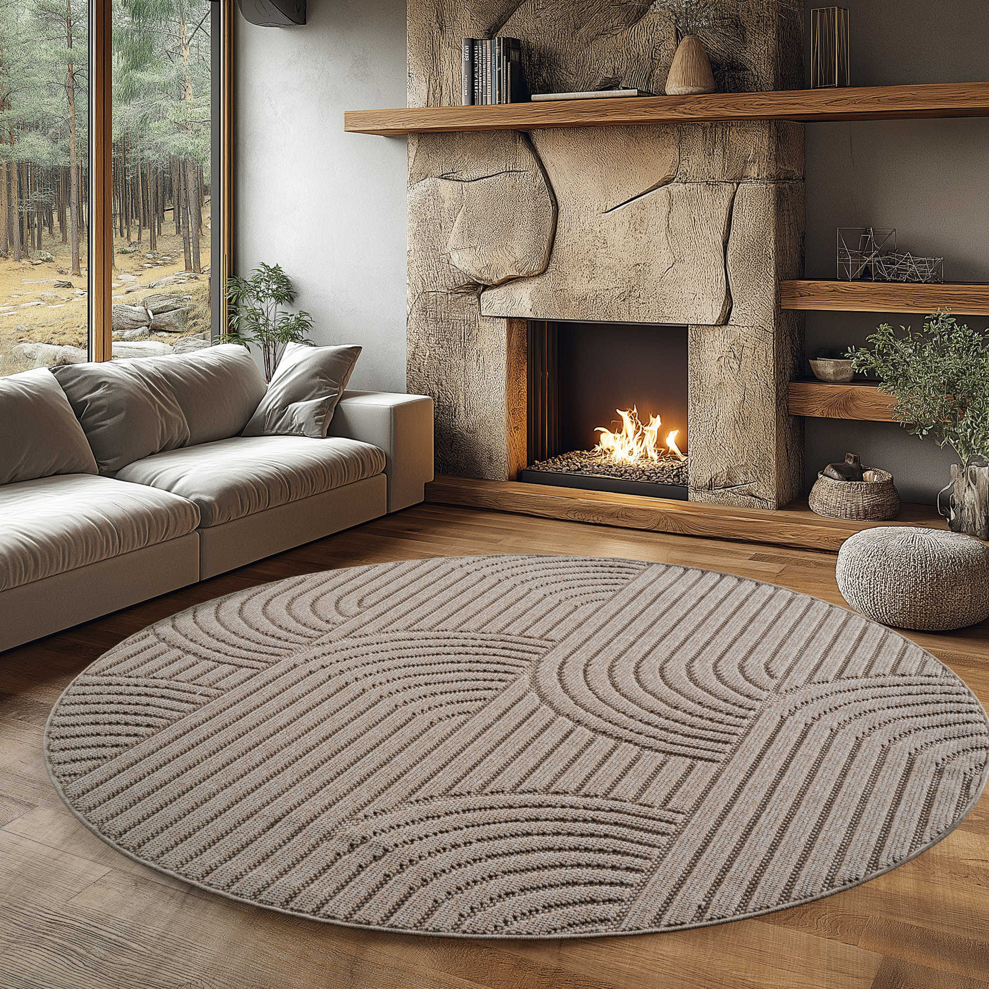 HELIX - Tapis moderne rond effet laine bouclé à motif géométrique en relief beige