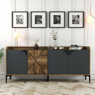 Credenza Dilici, Buffet da soggiorno, Madia da salotto, Dispensa da cucina, 180x35h78 cm, Noce e Antracite