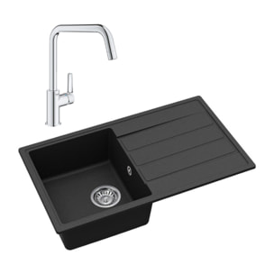 76x44 cm évier avec égouttoir réversible en Granite, à encastrer, noir + mitigeur lavabo/cuisine Grohe Start (SATSE3BG304)