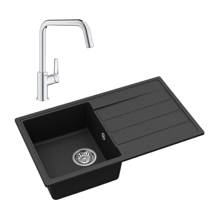 76x44 cm évier avec égouttoir réversible en Granite, à encastrer, noir + mitigeur lavabo/cuisine Grohe Start (SATSE3BG304)
